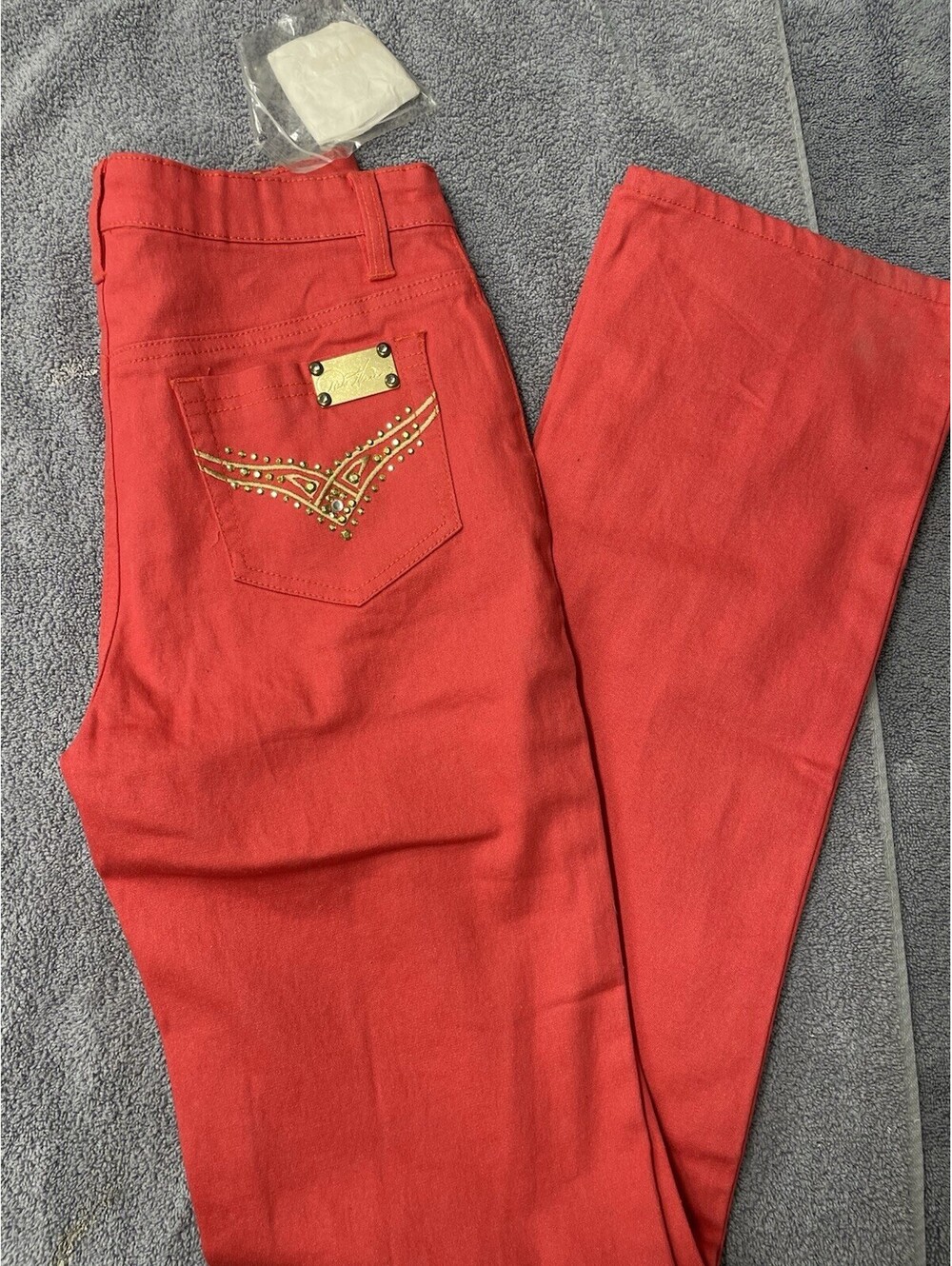 Diane Gilman DG2 sz. 2T Boot Cut Jeans Coral Denim Stretch Gold Logo Pocket New
